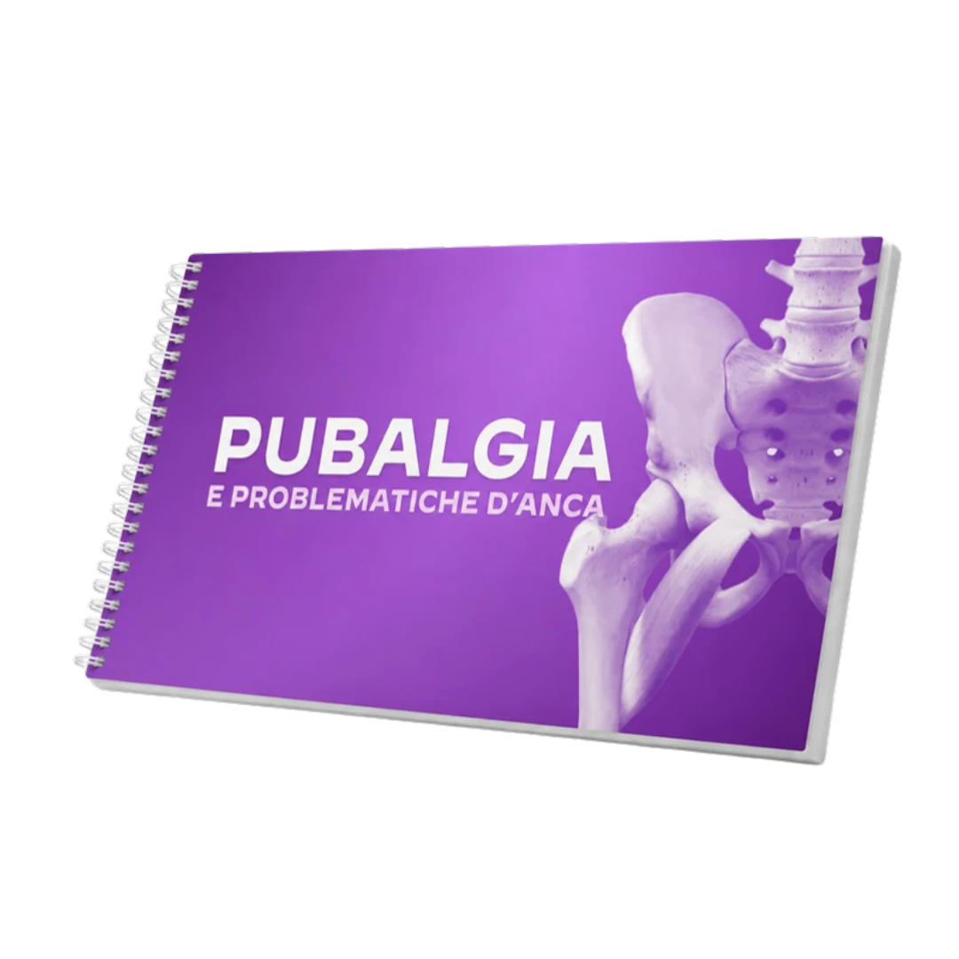 Mockup 3D delle slide rilegate a spirale del corso Pubalgia e problematiche d'anca